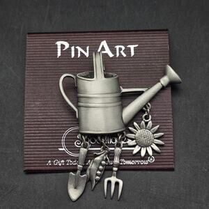 JJ Spoontiques Gardening Charm Brooch Watering Can Silver Tone Vintage On Card